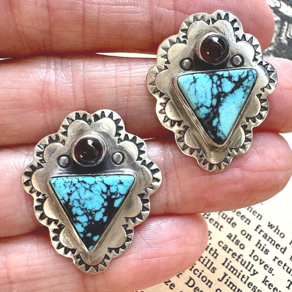Southwest Turquoise Earrings Garnet Sterling Stud Southwest